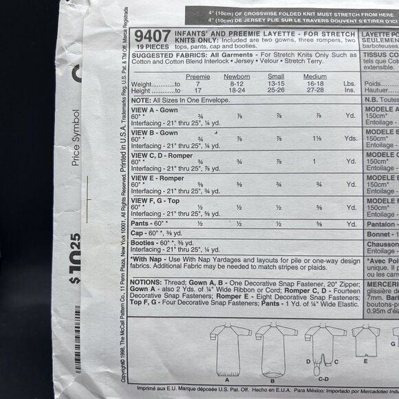 McCall's 9407 “Layette” (Weight from 7 Lbs-18 Lbs) Sewing Pattern Uncut FF - Picture 3 of 5